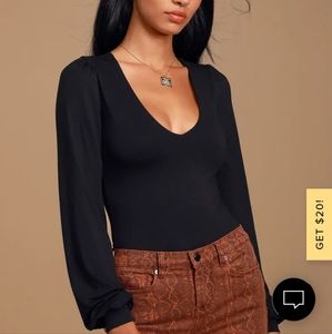 Lulus Kaylene Black V Neck Balloon Sleeve Bodysuit